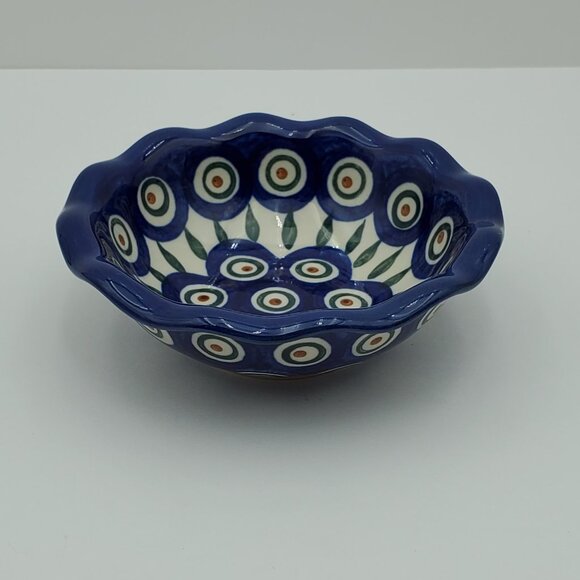 Polish Pottery Peacock Leaves 5" Fluted Bowl Peacock Dessert Bowl Trinket Dish - Picture 1 of 7